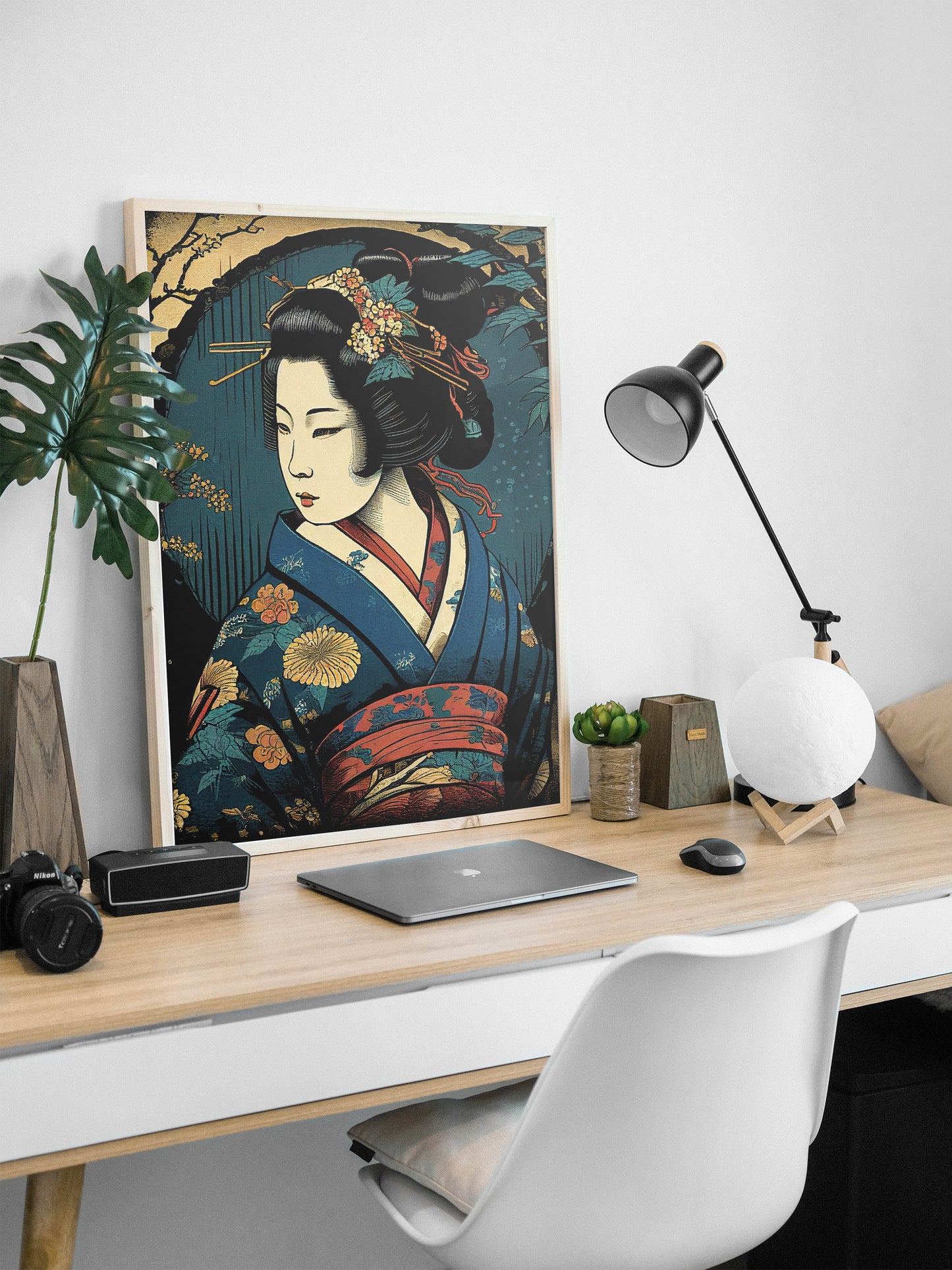 Elegant Japanese Geisha Poster in Blue Kimono - Traditional Art Style for Sophisticated Home Decor