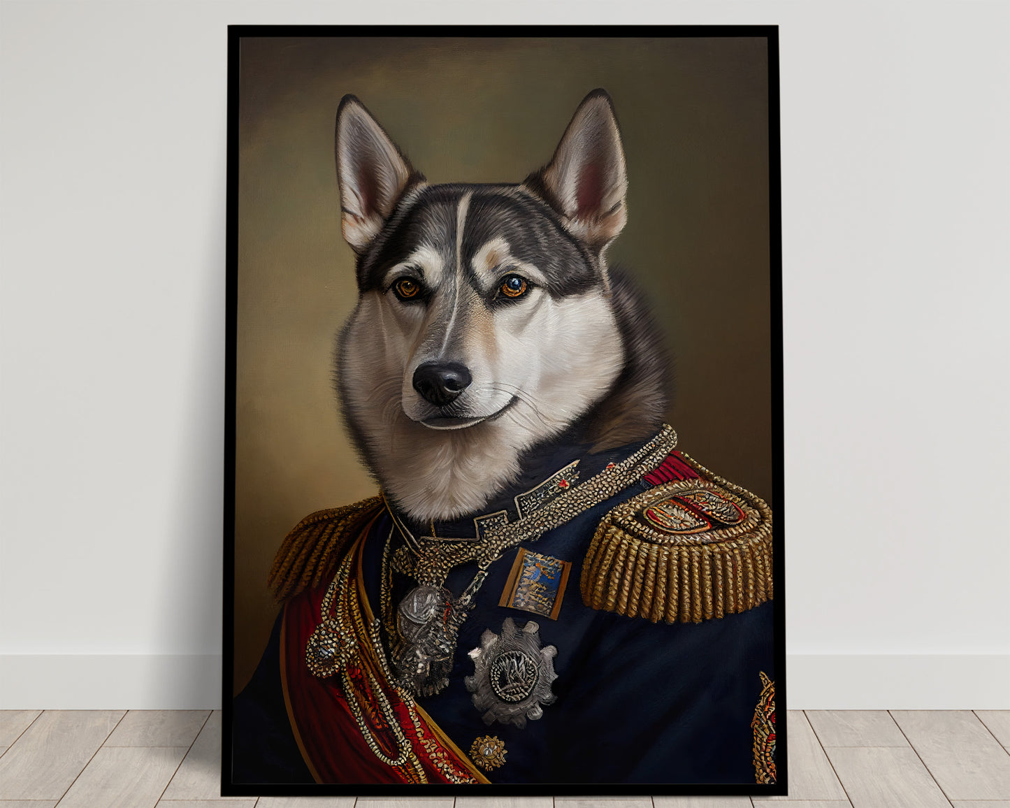 Portrait d'un husky en uniforme bleu marine à liserés rouges, épaulettes et médailles argentées, poster Balthazart Studio