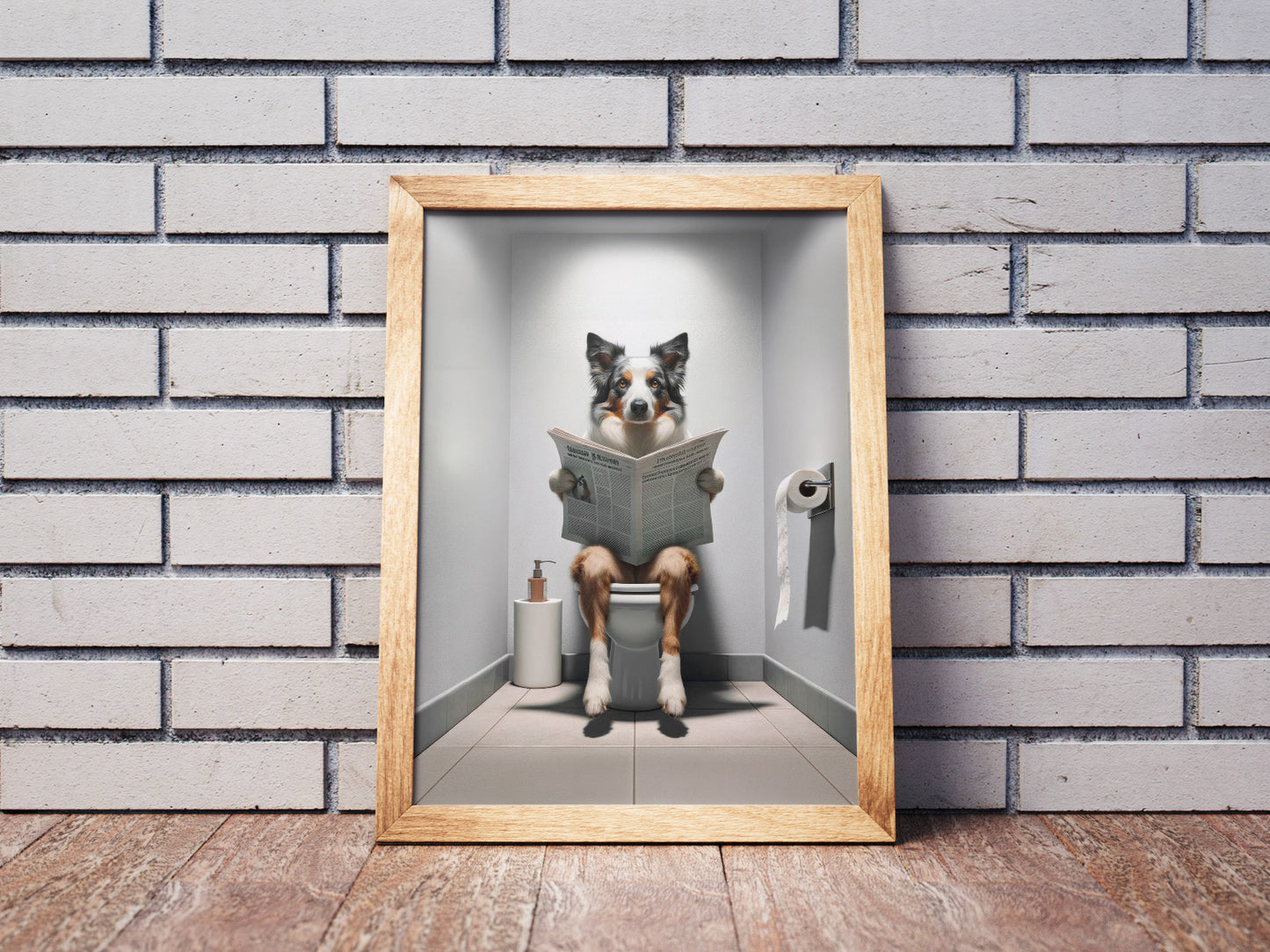 Poster Border Collie lisant le journal en cadre bois clair posé contre un mur de briques blanches