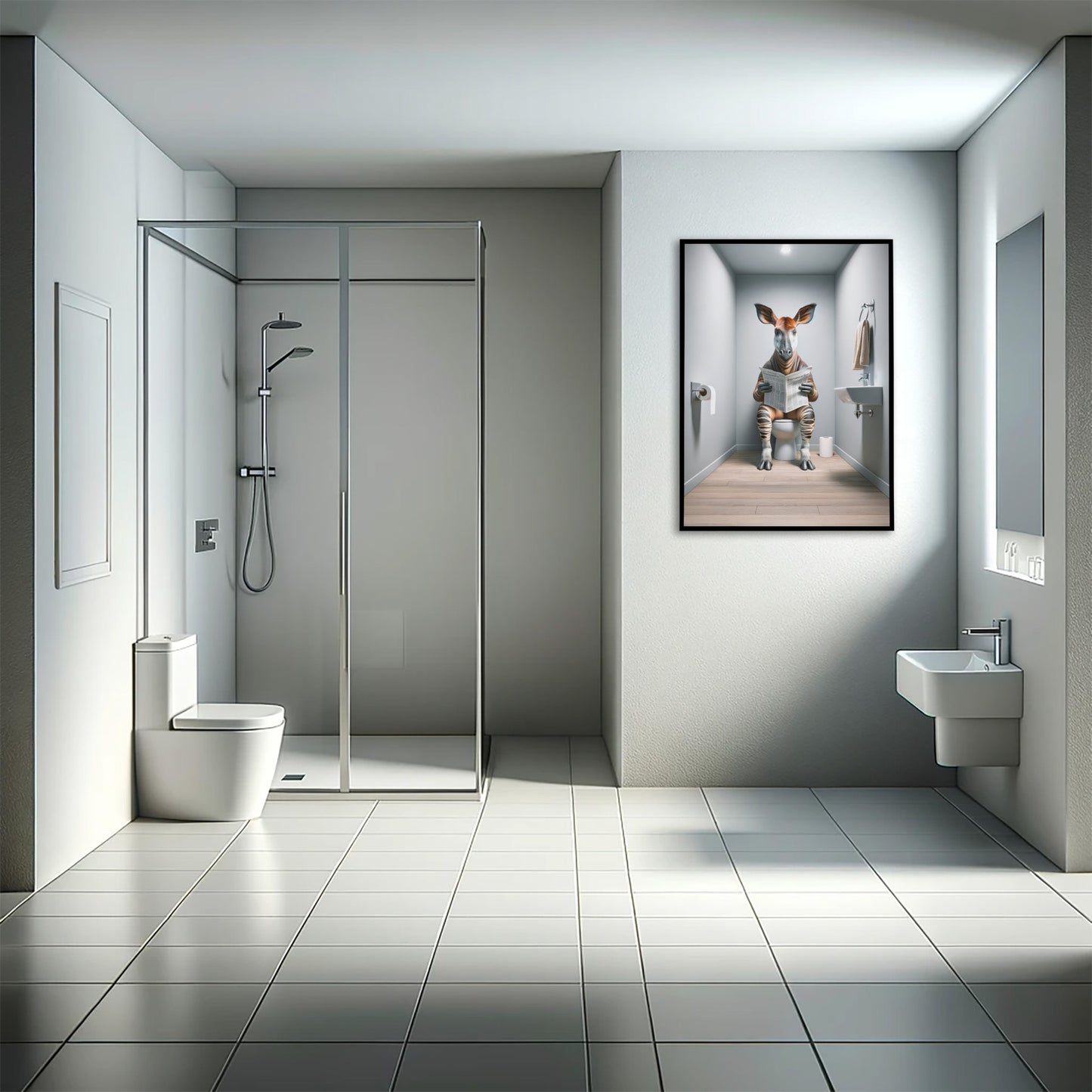 Poster okapi en cadre noir dans une salle de bain grise avec douche à l'italienne
