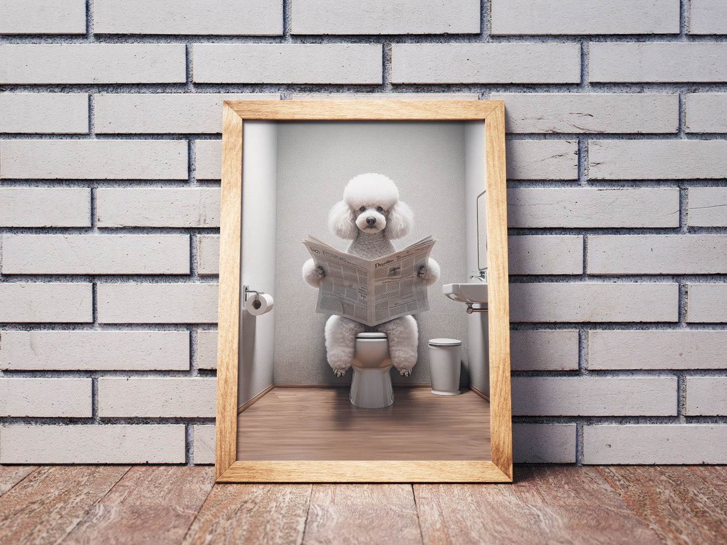 Poster Caniche Lisant le Journal sur Toilettes, Décoration Humoristique WC, Cadre Déco Salle de Bain, Cadeau Fun
