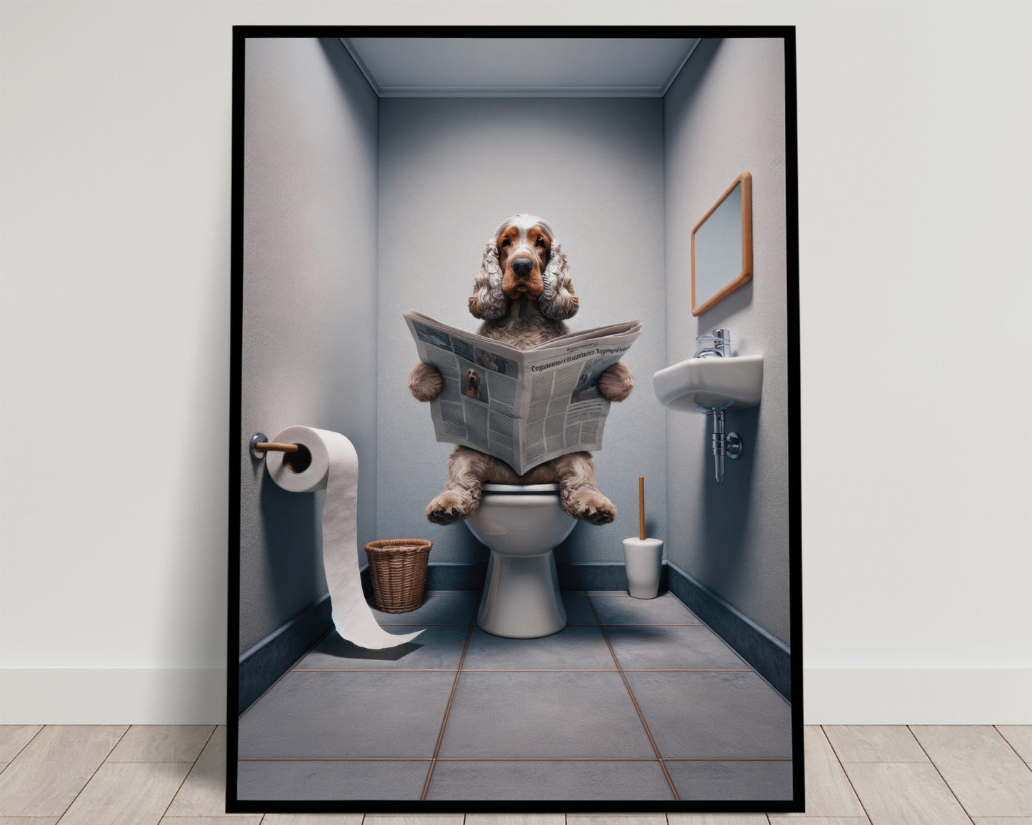 Cocker roux et blanc lisant le journal sur les toilettes, rouleau de papier déroulé, WC gris, poster Balthazart Studio