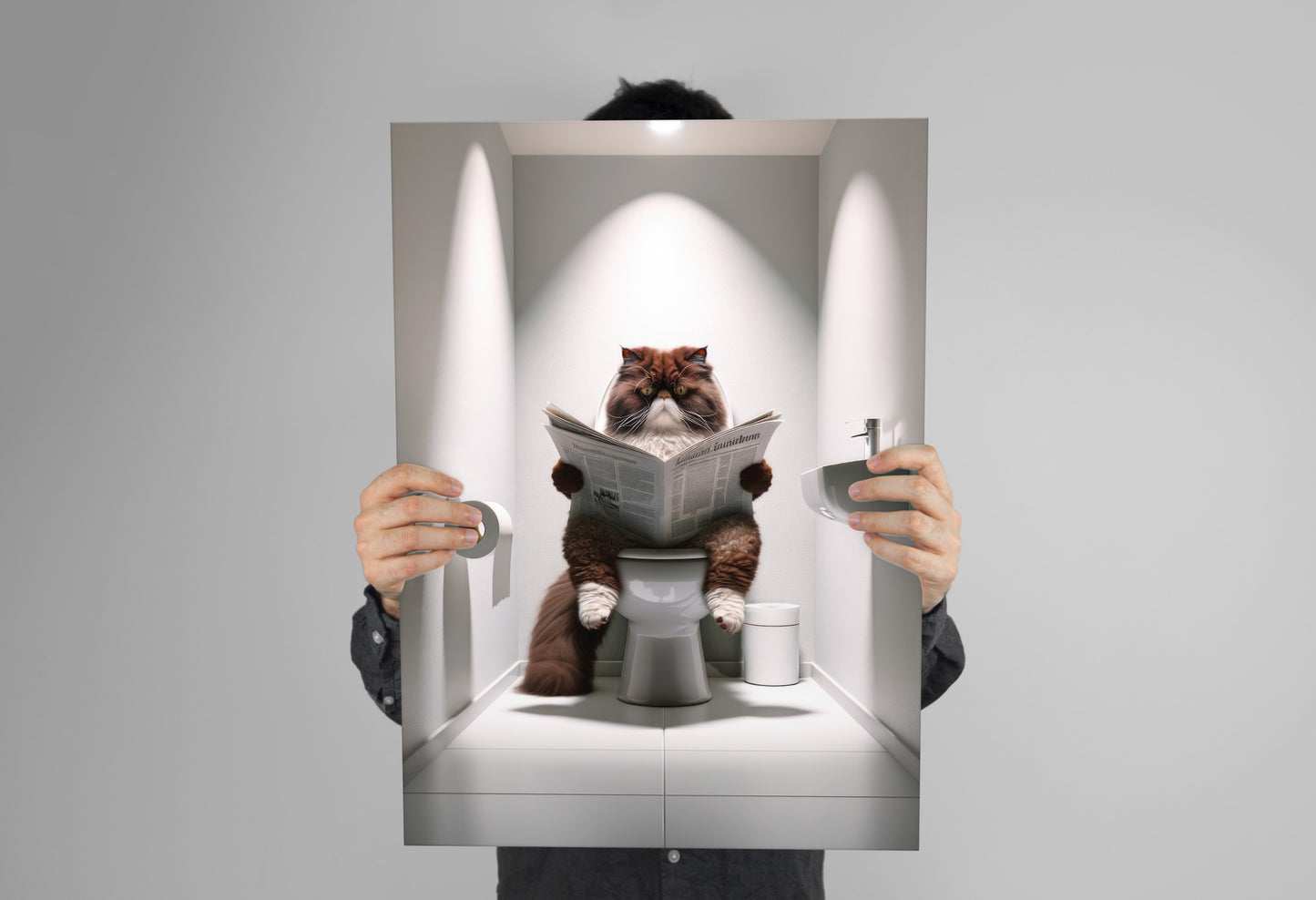 Affiche Murale Humour: Chat Persan Chocolat & Blanc lisant aux Toilettes – Déco WC & Salle de Bain, Cadeau Amusant