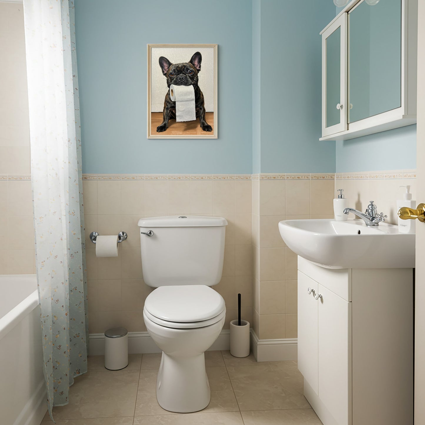 Poster Bouledogue Français Bringé Humoristique pour Toilettes – Décoration WC, Affiche Cadeau Bulldog, Poster Encadré Toilettes Moderne