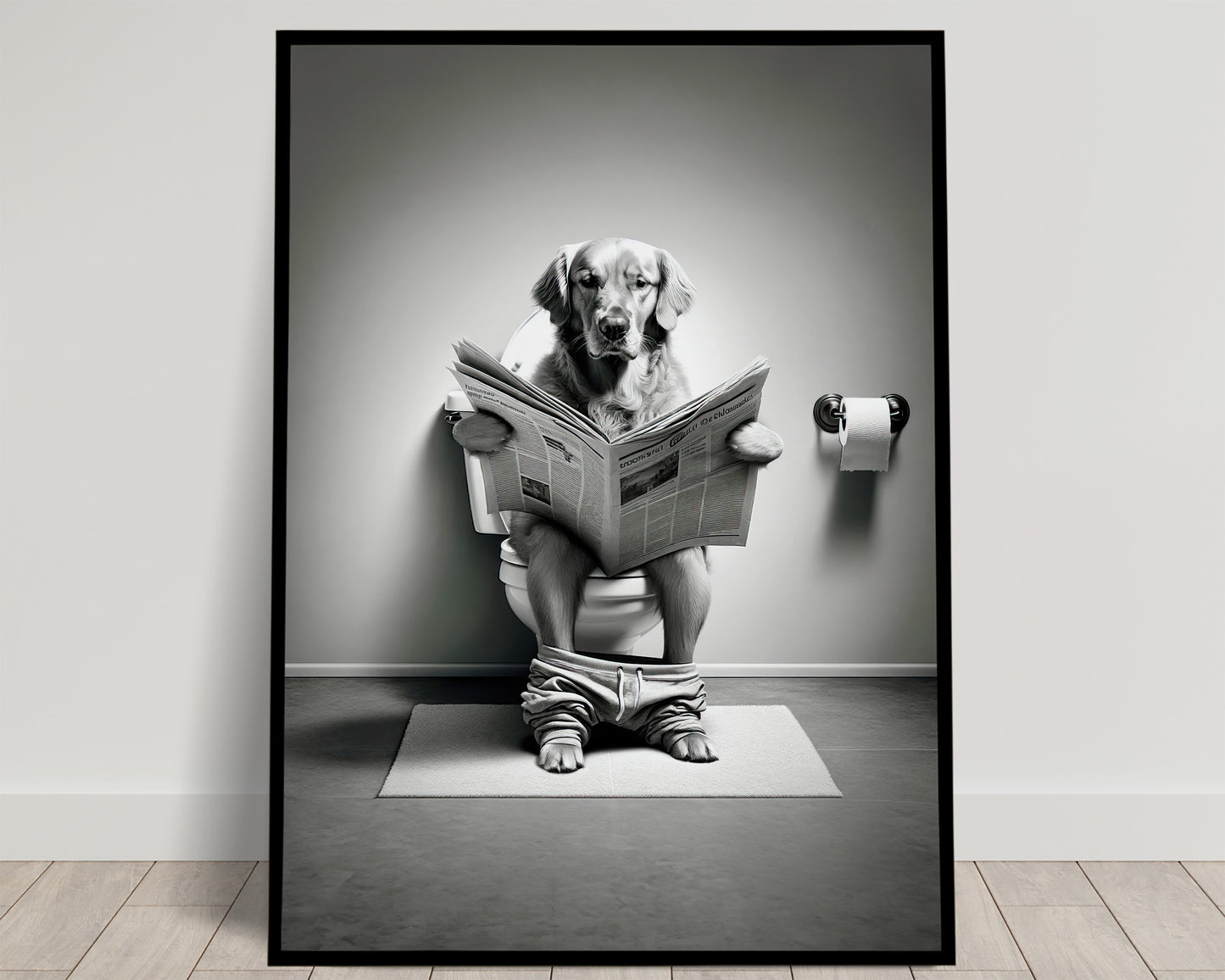 Golden retriever assis sur les toilettes, pantalon baissé, lisant le journal, illustration noir et blanc