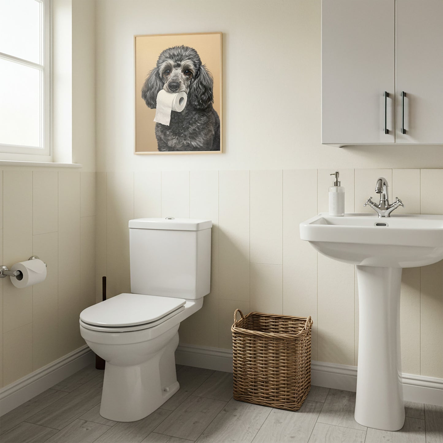 Poster caniche argenté au papier toilette en cadre bois clair, toilettes crème et panier en osier