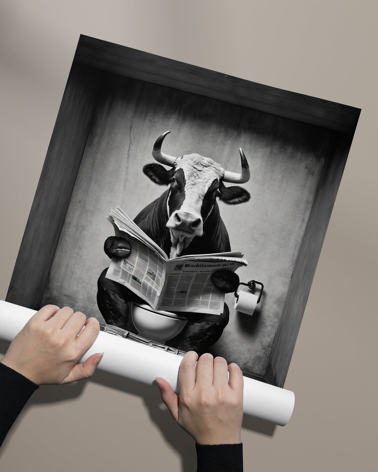 Funny Bull Reading Poster - Black and White Bathroom Wall Art - Fun Decor for Bathroom - Perfect Funny Gift
