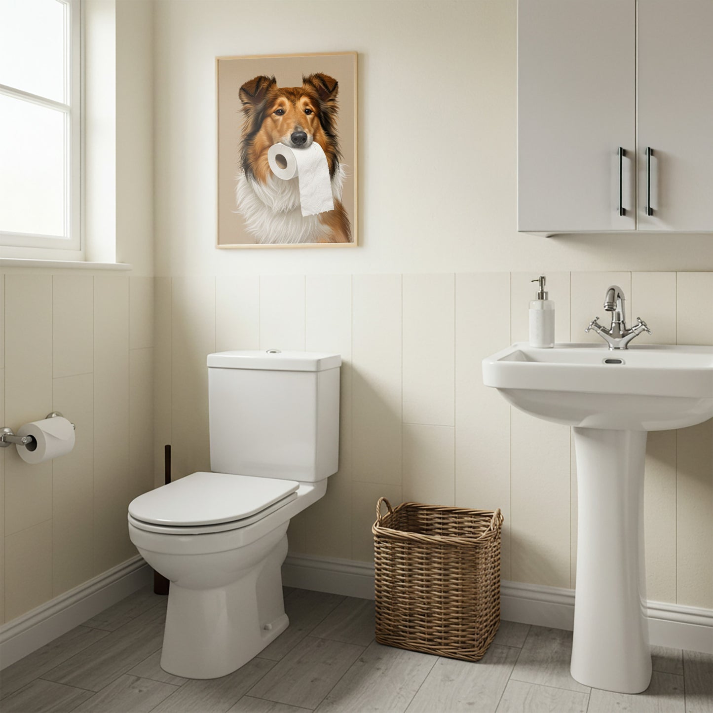Poster Colley en cadre bois clair au-dessus des WC, panier en osier et lavabo sur colonne