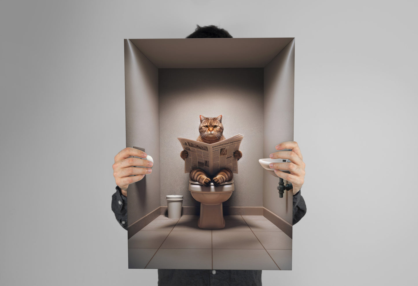 Affiche chat British Shorthair brun tigré lisant le journal tenu à deux mains, sans cadre
