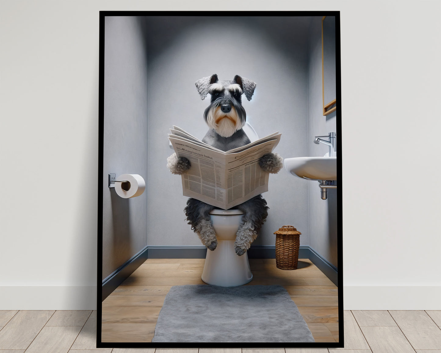 Poster Humoristique: Schnauzer Lisant le Journal sur les Toilettes, Décoration WC, Déco Salle de Bain, Cadeau Amusant