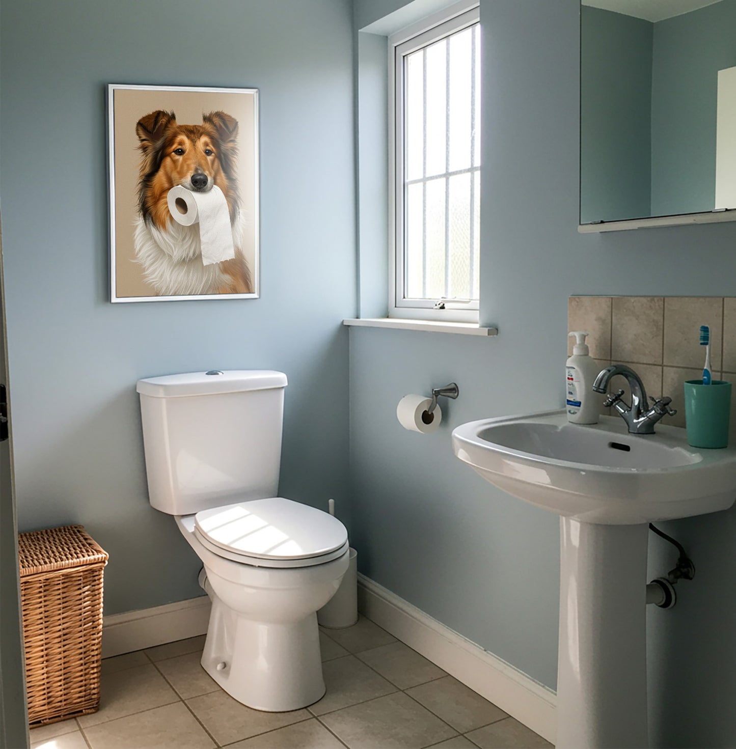 Poster Colley au papier toilette encadré sur un mur bleu, près d'une fenêtre