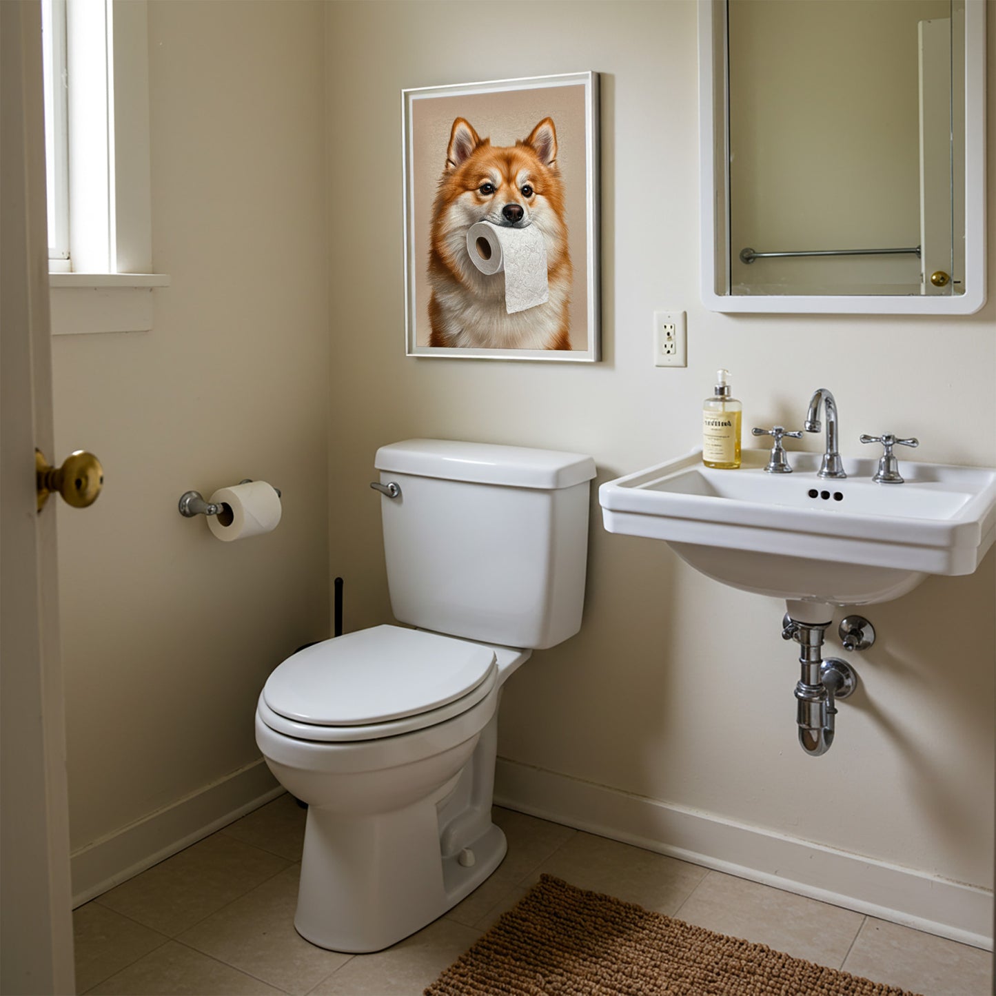 Toilettes beiges avec le poster spitz nain au papier toilette en cadre blanc accroché à côté du miroir