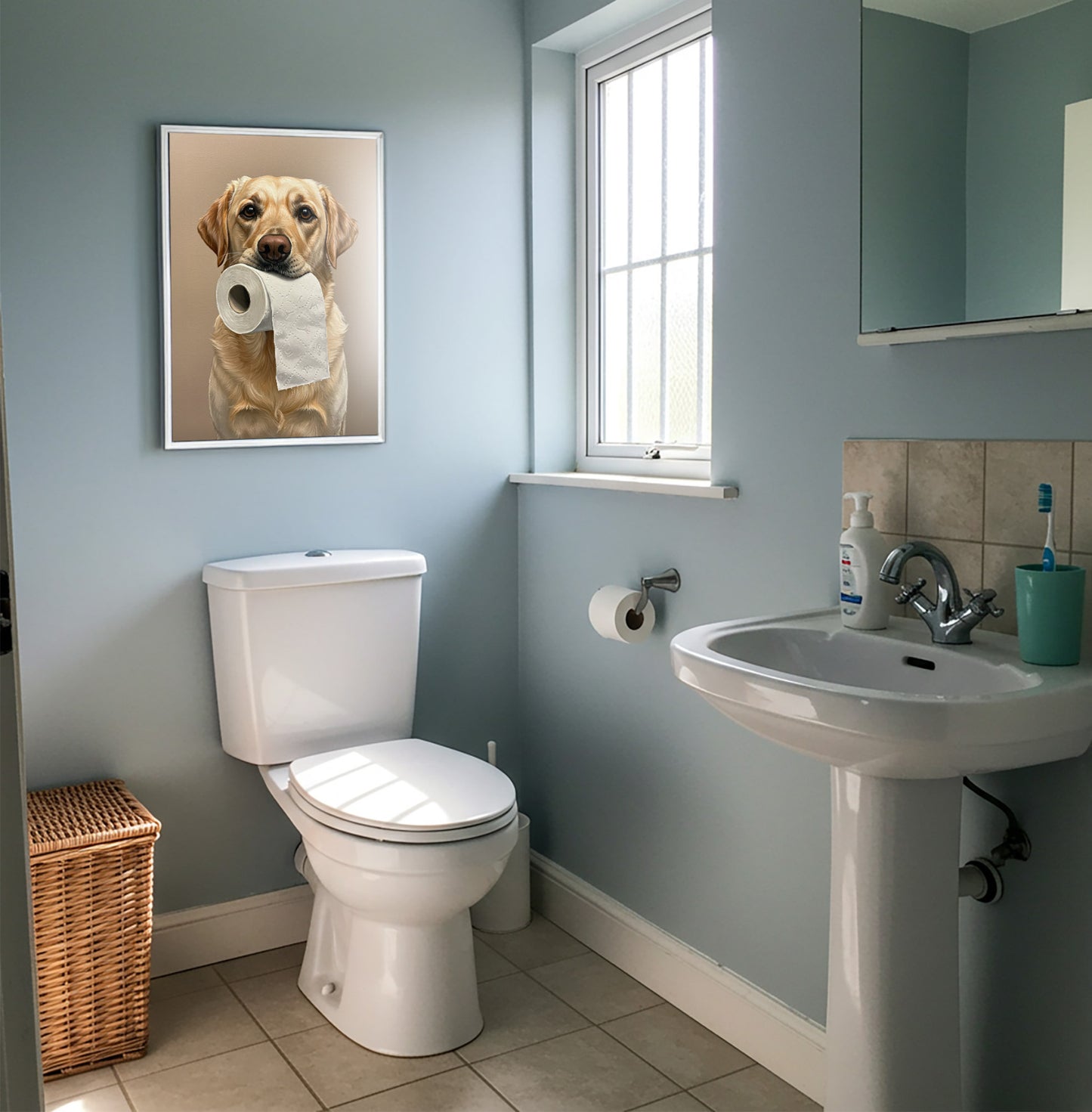 Poster Chien Labrador Sable Humour pour WC – Affiche Murale Décorative, Idée Cadeau Toilette, Encadrée ou Non, Art Mural Canin