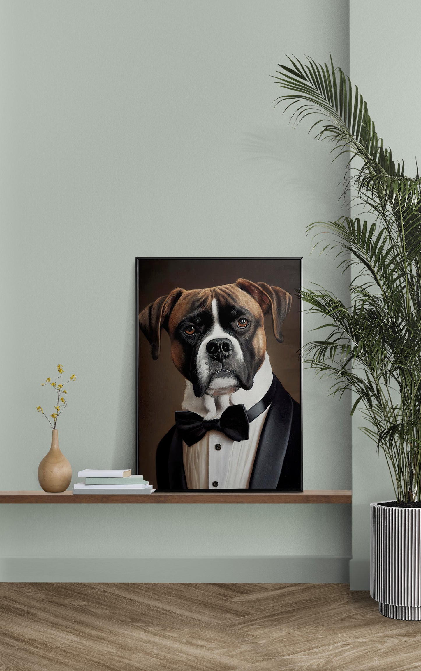 Boxer in tuxedo poster on a wall shelf with a sage green wall and a palm