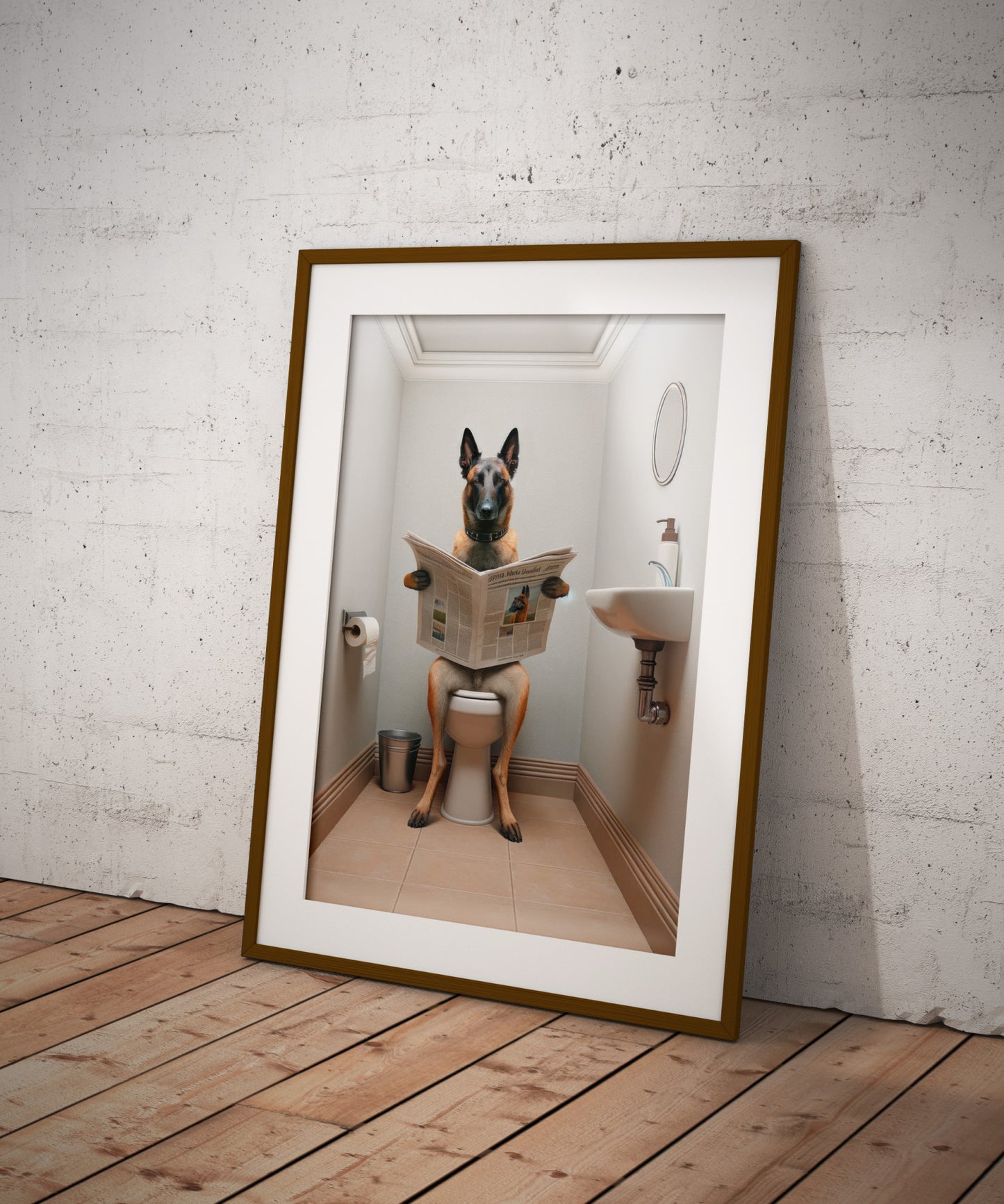 Poster Malinois lisant le journal, Déco WC humoristique, Cadre déco Salle de bain, Idée cadeau Chien Fun