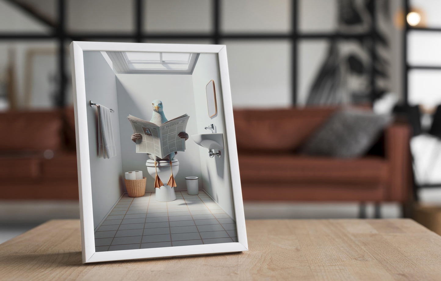 Poster Humour : Mouette lisant le journal aux toilettes - Décoration WC, Salle de Bain, Cadeau Original et Fun