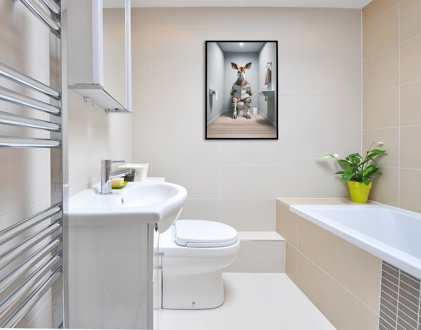Poster okapi aux toilettes en cadre noir dans une salle de bain claire avec baignoire et plante verte