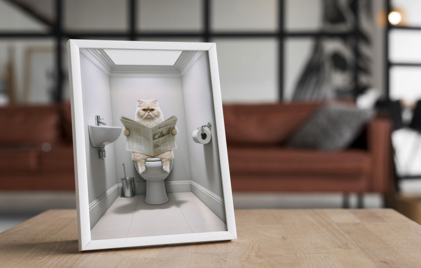 Affiche murale humour Chat Persan crème aux toilettes, Décoration WC et Salle de bain, Cadeau fun pour amoureux des chats