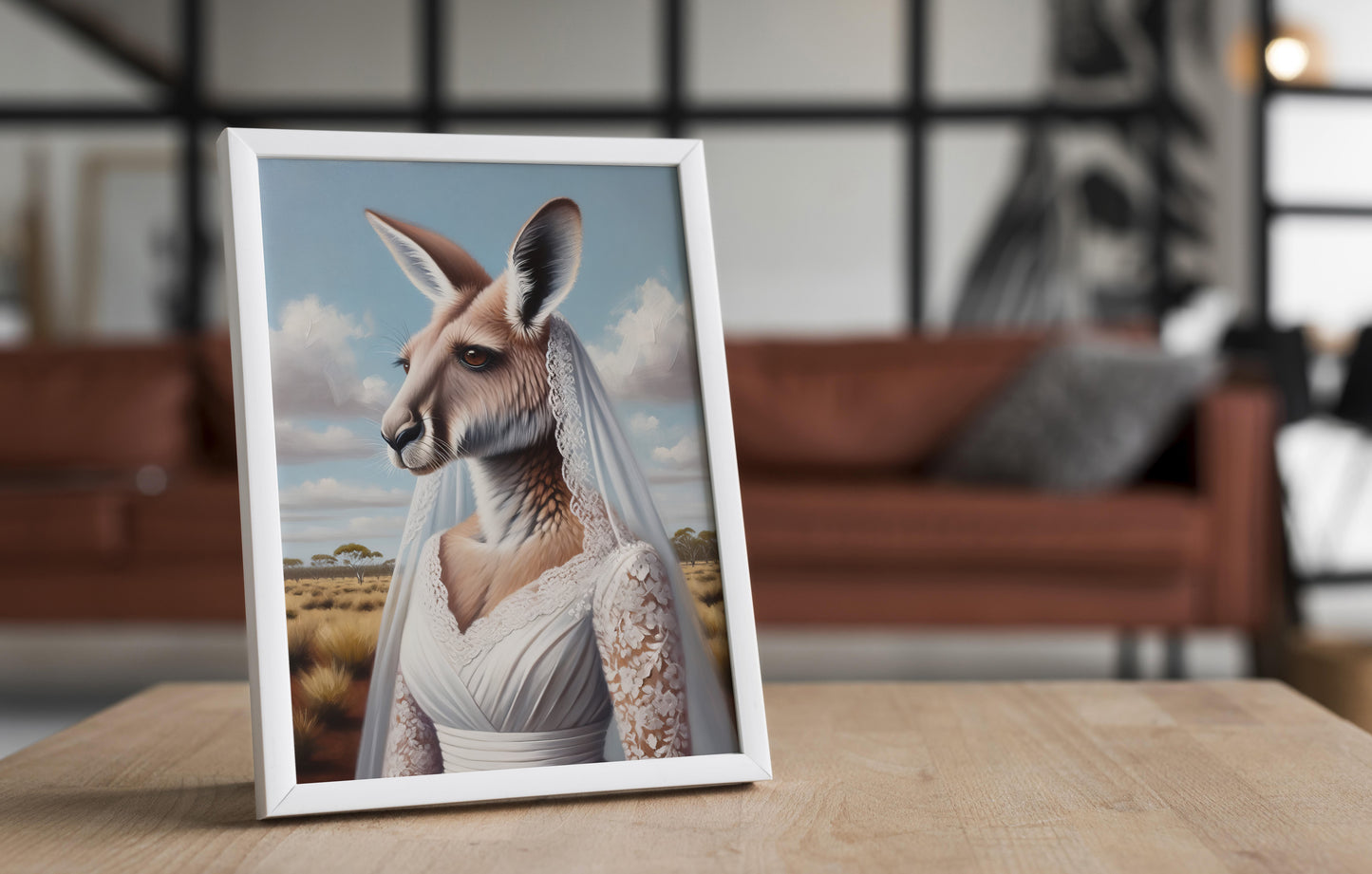 Affiche kangourou en robe de mariée, cadre blanc posé sur une table en bois devant un salon flou