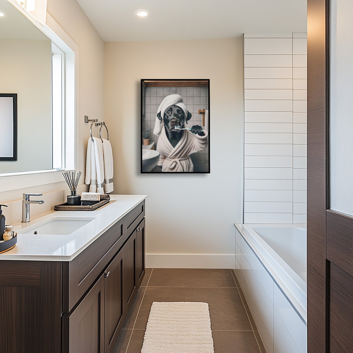 Poster Labrador noir en peignoir, cadre noir près d'un meuble vasque bois foncé et d'un tapis de bain blanc