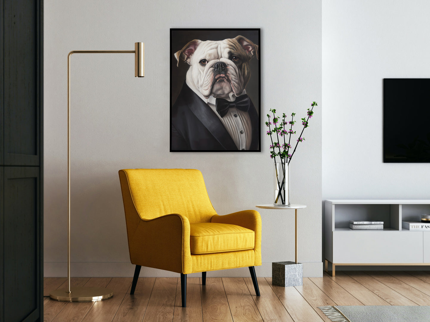 English bulldog tuxedo poster in a black frame above a yellow armchair and a brass floor lamp
