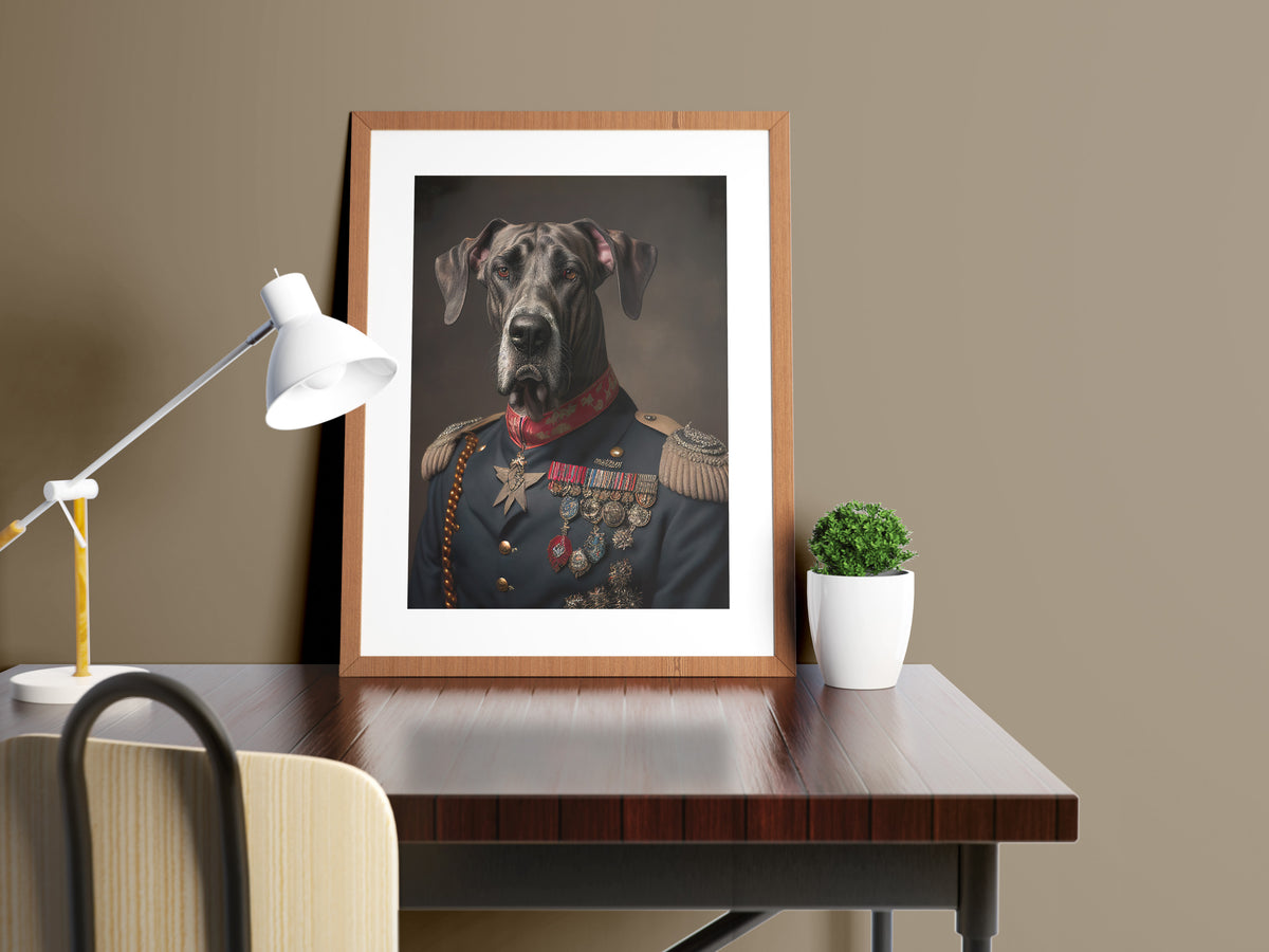 Great Dane in uniform poster in a wooden frame with a mat on a desk beside a white lamp