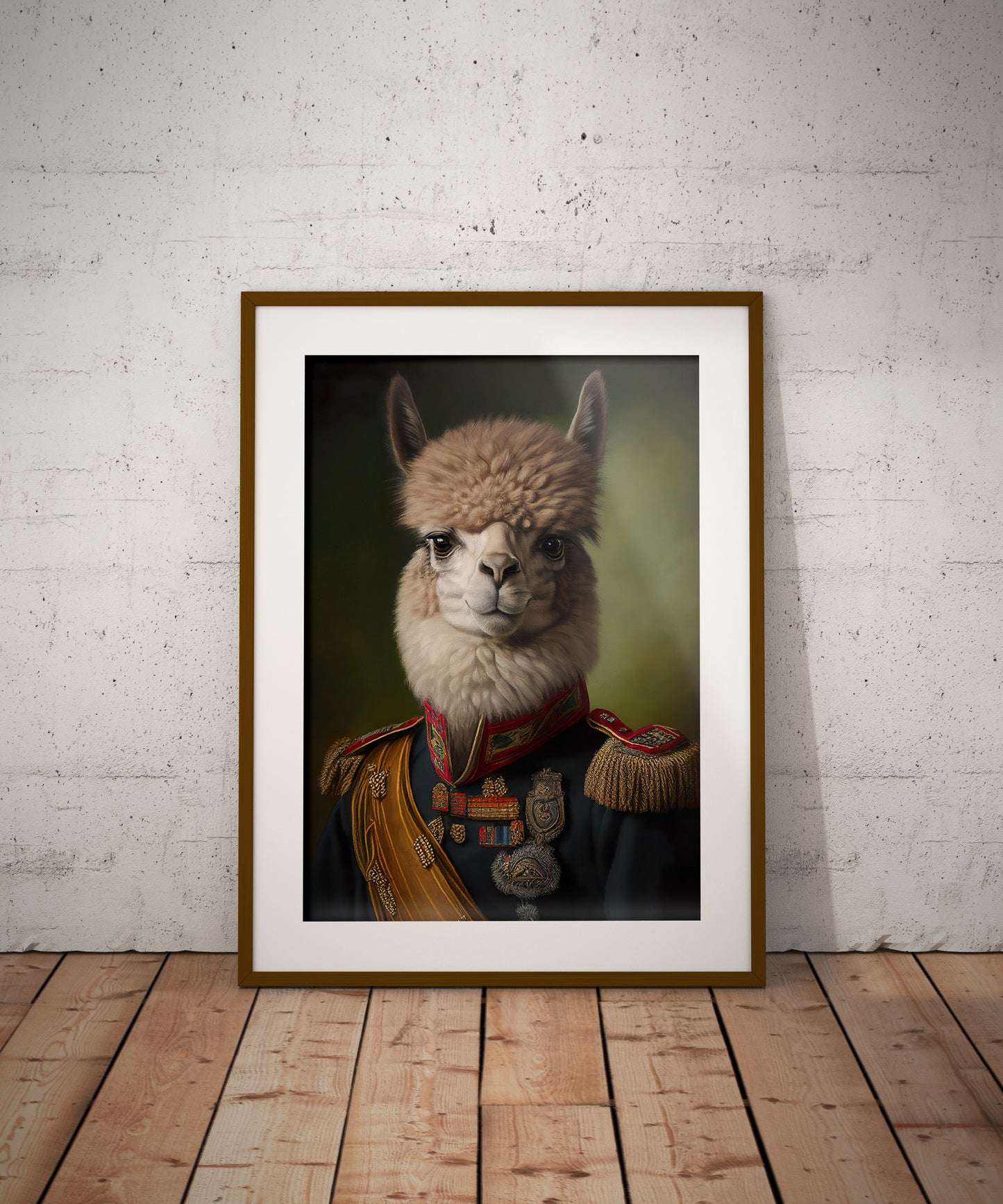 Alpaca officer poster in a dark wood frame with a mat on the floor against a white brick wall