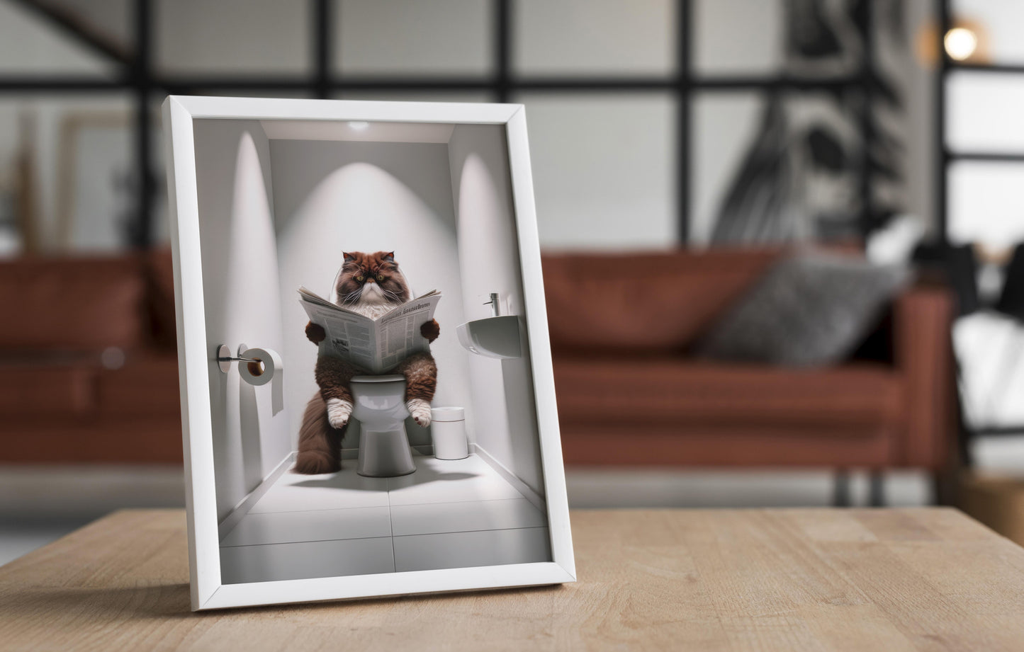 Affiche Murale Humour: Chat Persan Chocolat & Blanc lisant aux Toilettes – Déco WC & Salle de Bain, Cadeau Amusant