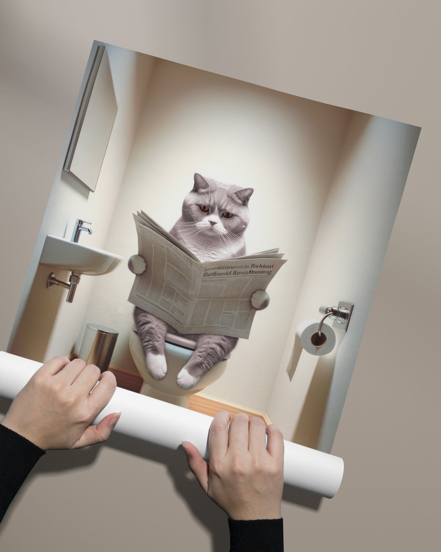 Affiche murale Chat British Shorthair Lilas-Blanc sur toilettes, Déco WC Humour, Poster Salle de Bain Cadeau