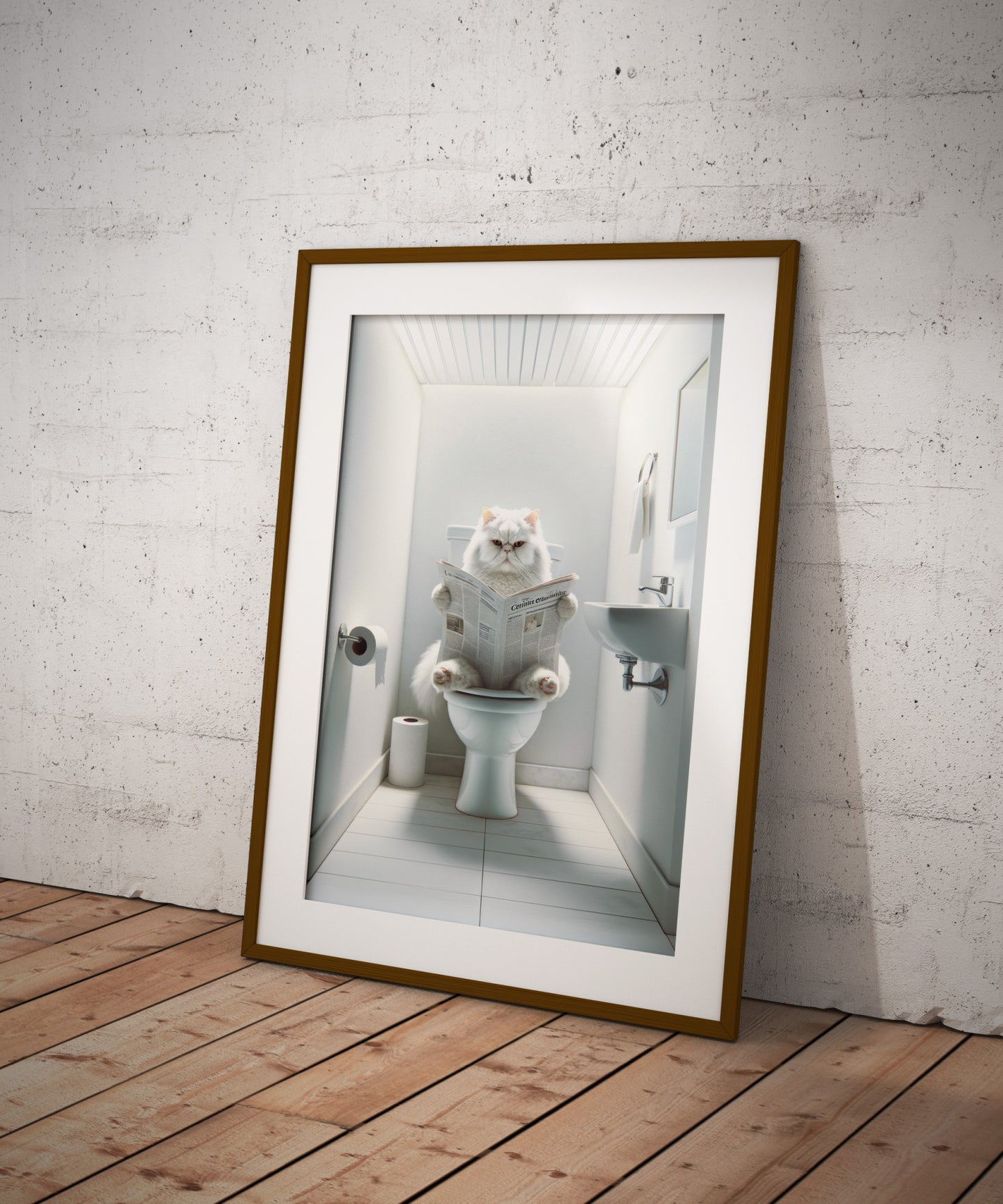Affiche Murale Chat Persan Blanc aux Toilettes, Décoration Humour Salle de Bain, Poster WC Rigolo, Cadeau Amoureux des Chats