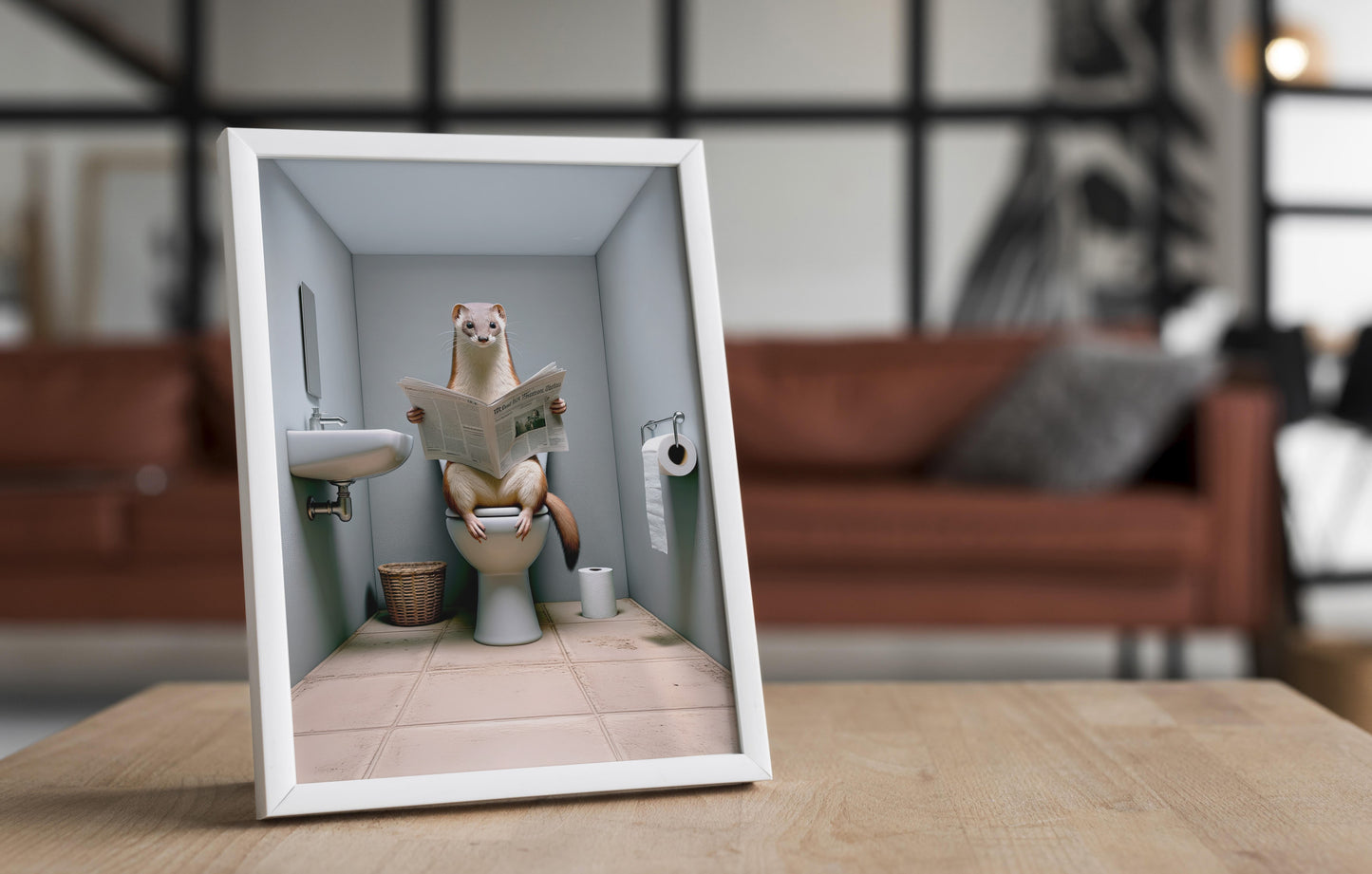 Poster Humour: Fouine lisant le journal aux toilettes - Décoration WC originale, Cadre Salle de bain, Idée cadeau amusante