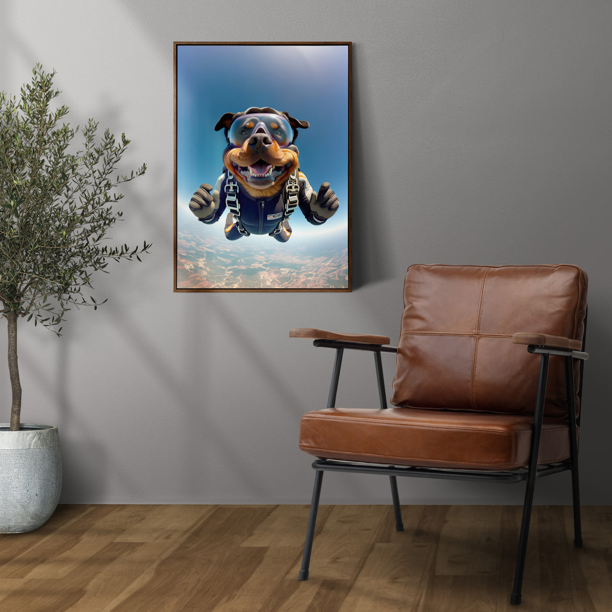 Affiche Rottweiler en chute libre au mur gris, cadre bois foncé au-dessus d'un fauteuil en cuir, olivier en pot