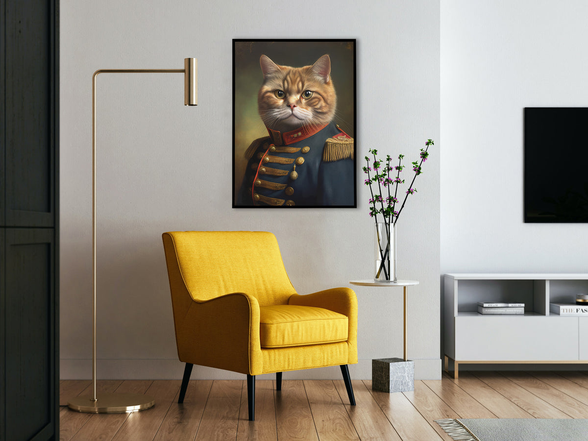 Poster chat roux en uniforme militaire, cadre noir, au-dessus d'un fauteuil jaune près d'un lampadaire doré