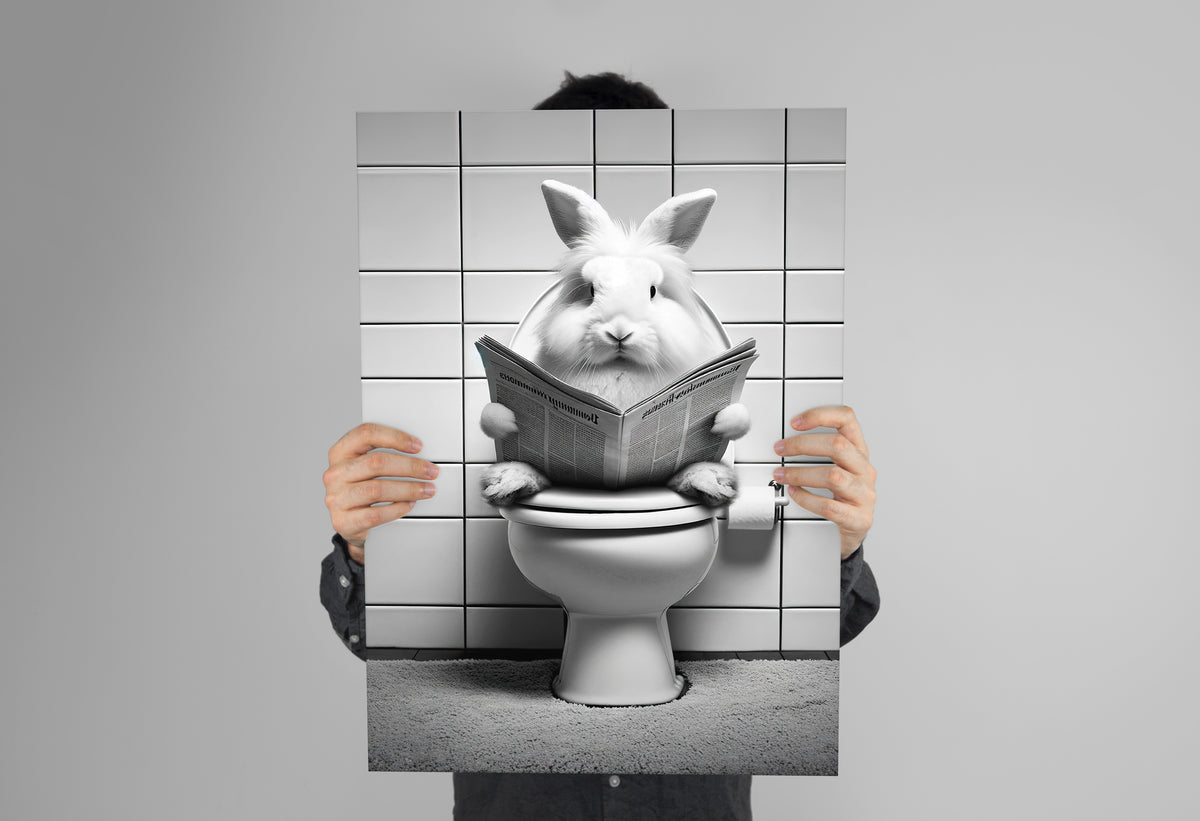 Poster lapin lisant le journal aux toilettes tenu à deux mains devant un mur gris