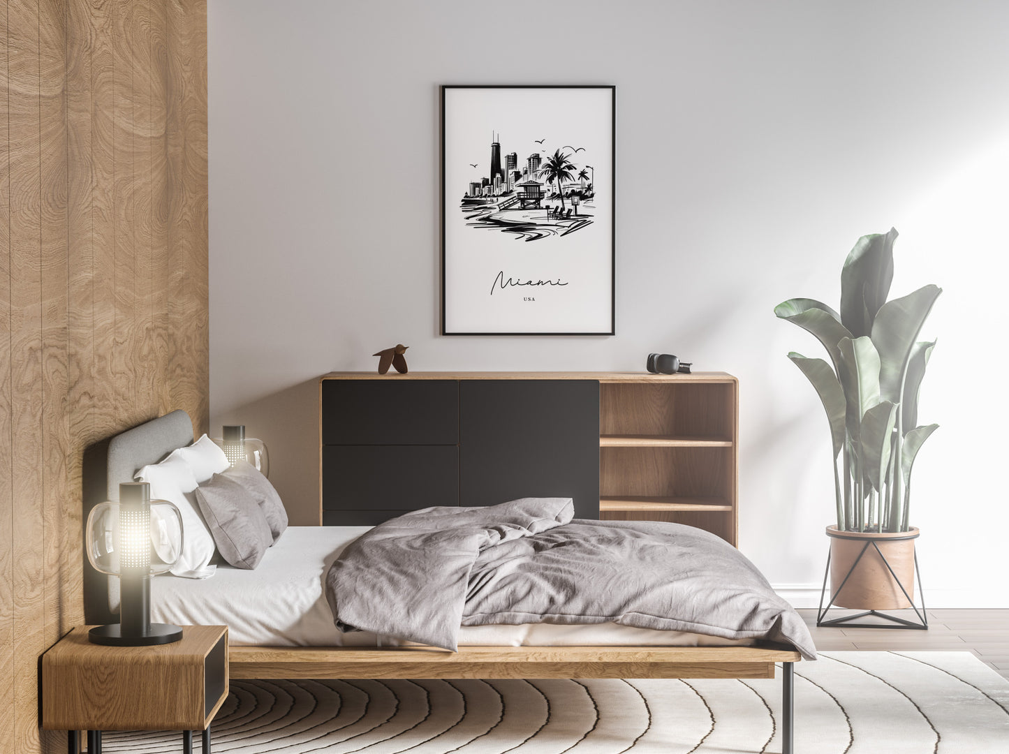Affiche Miami noir et blanc encadrée de noir au-dessus de la tête de lit, chambre claire