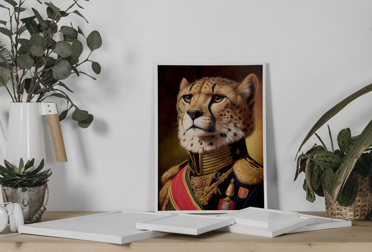 Poster guépard en uniforme, cadre blanc, posé sur une table entre des plantes vertes