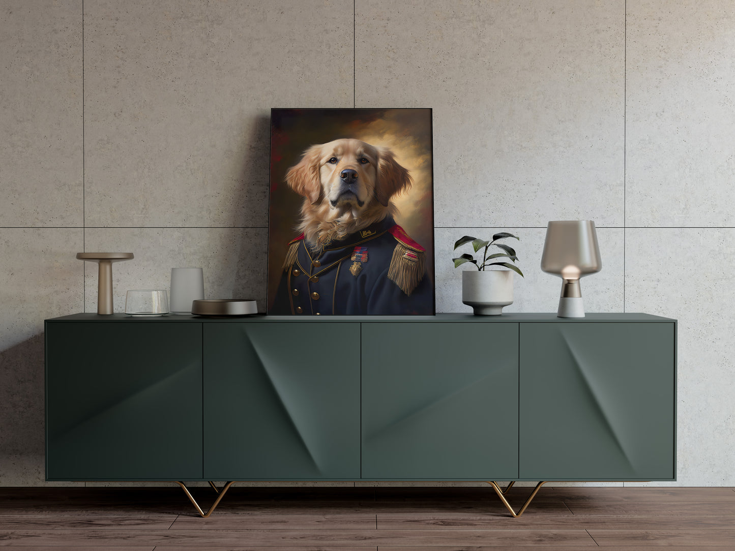 Golden Retriever in military uniform poster standing on a green sideboard against a beige tiled wall