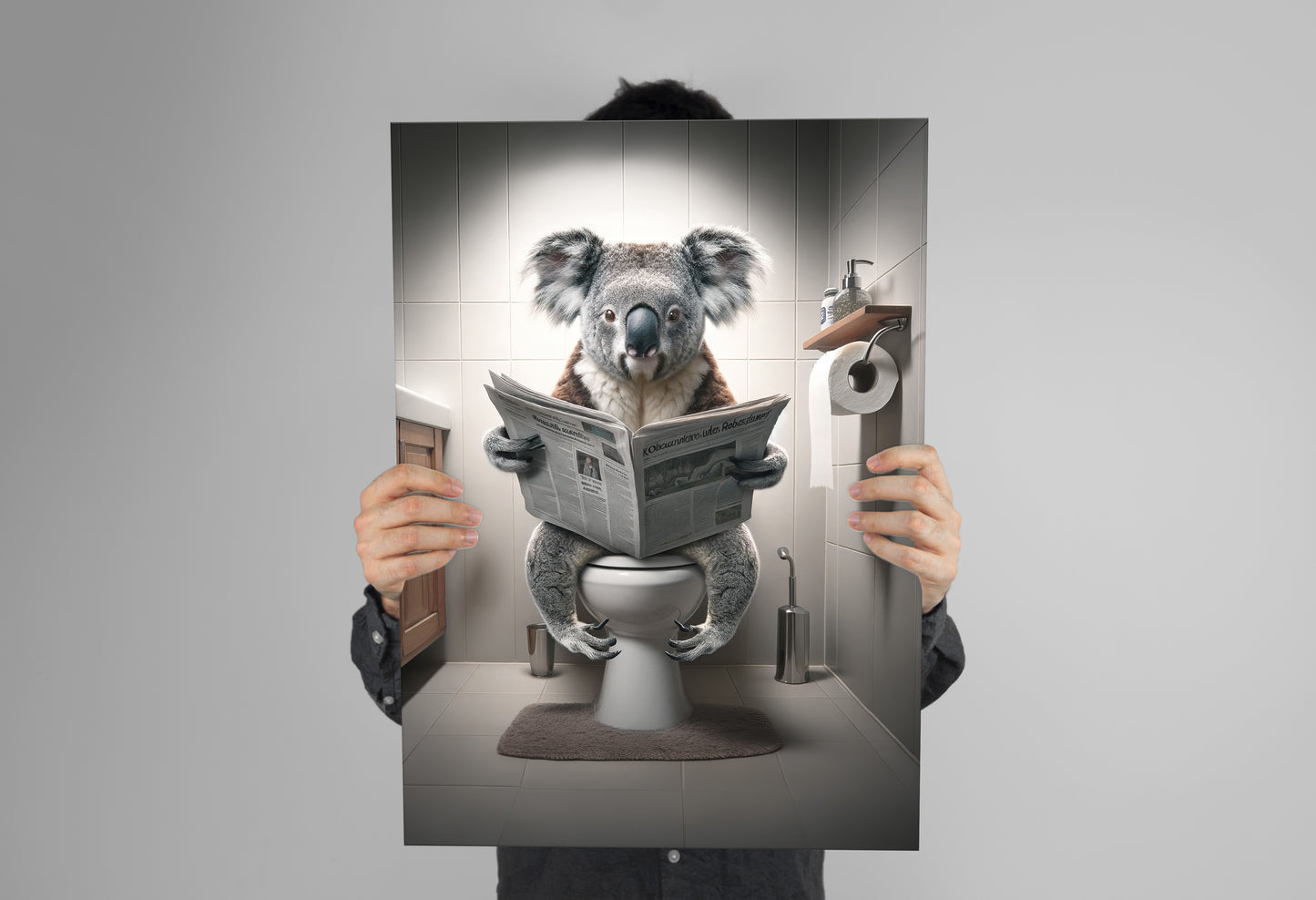 Poster of a koala reading on the toilet held in two hands against a gray wall