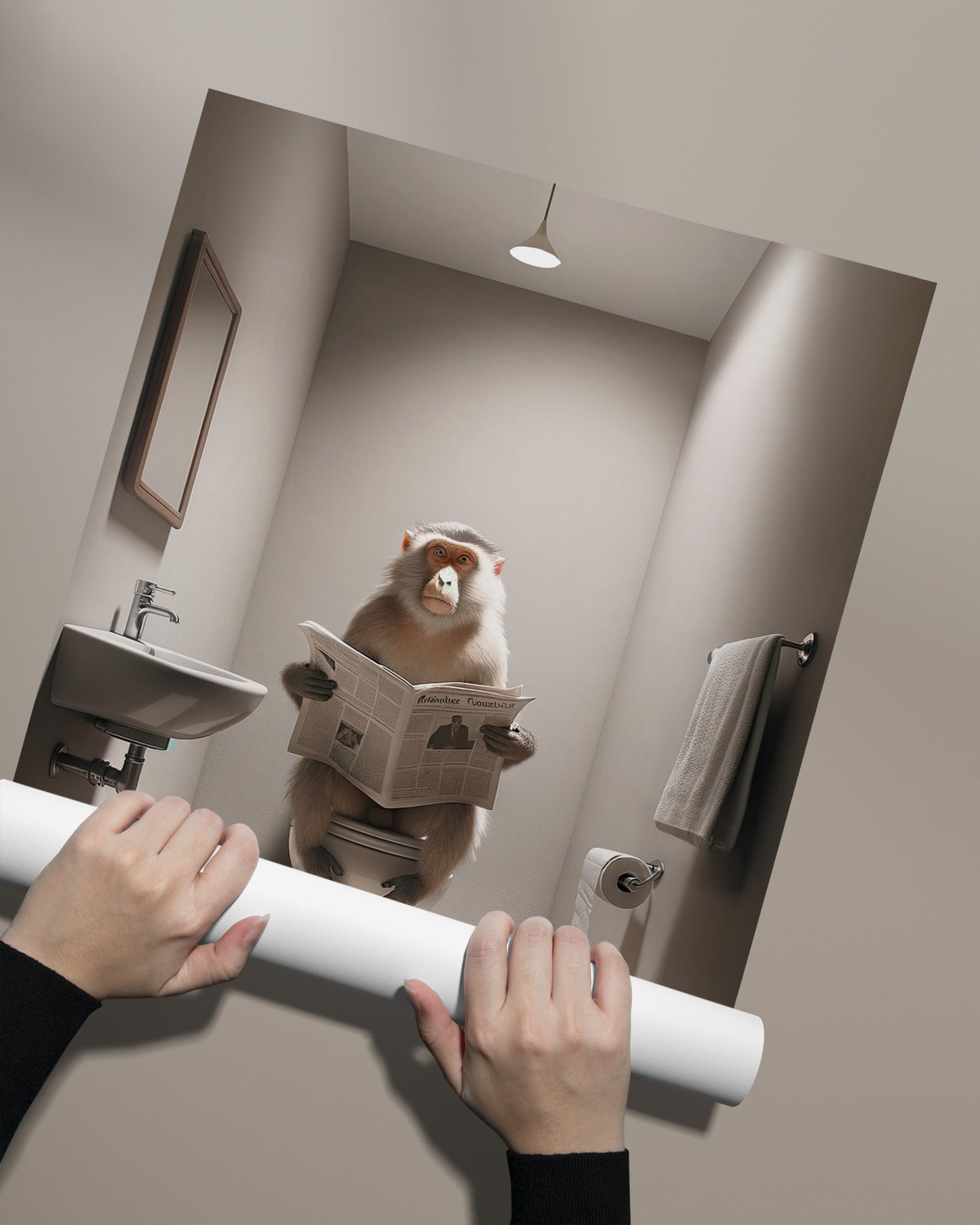 Poster Macaque Lisant le Journal aux Toilettes, Art Murale Humour WC, Décoration Salle de Bain, Idée Cadeau Drôle, Affiche Déco