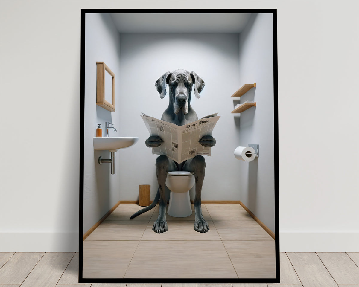Dogue allemand gris bleu assis sur les toilettes lisant le journal, étagères en bois et lavabo