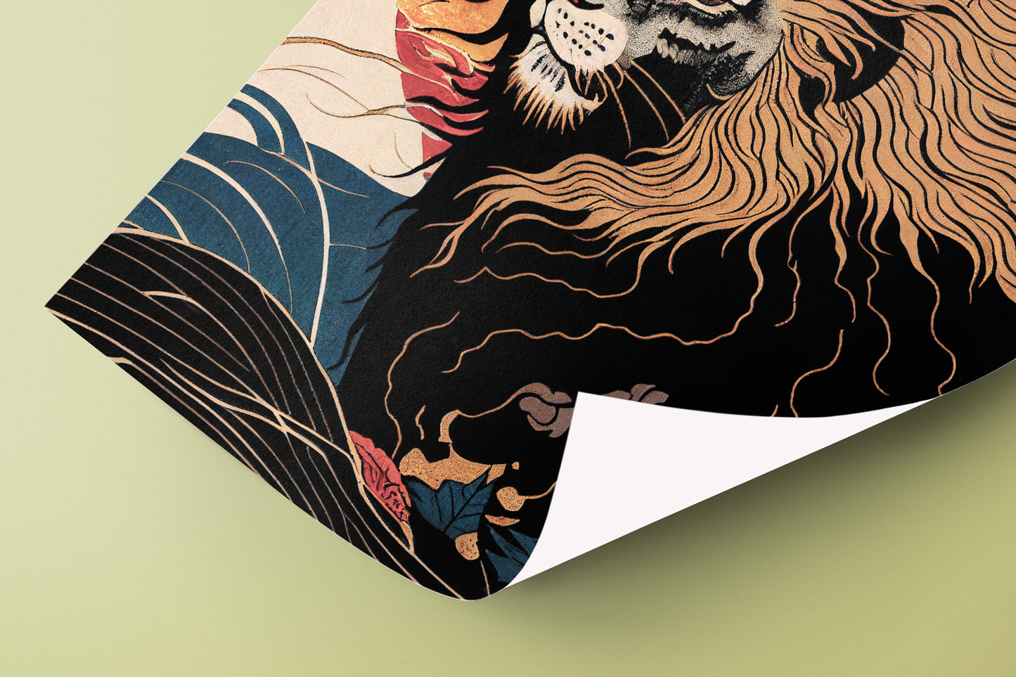 Poster Lion, Illustration art japonais, Impression Ukiyo-e, Affiche murale décorative Lion, Art mural Japonais