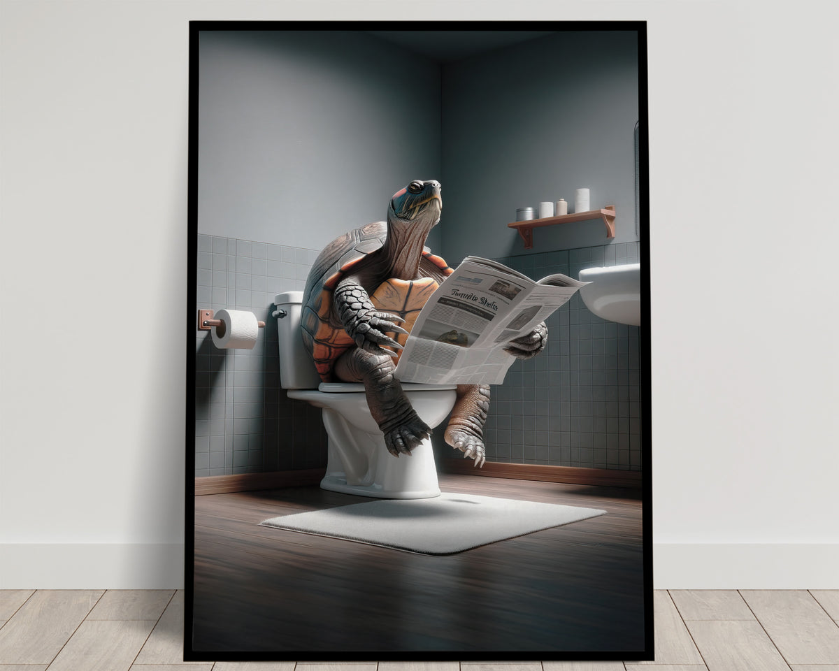 Brown-shelled turtle reading the newspaper on the toilet, dark gray-green restroom and white rug, Balthazart Studio poster