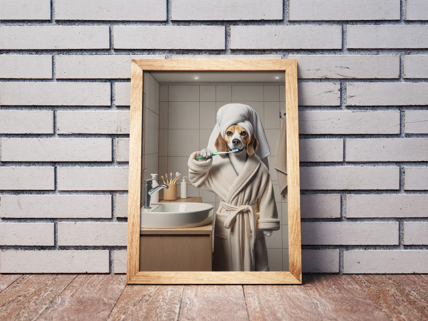Portrait d'un Beagle se brossant les dents en peignoir, Cadre Salle de bain, Déco Humour, Poster SDB, Cadeau Fun, Affiche Beagle encadrée