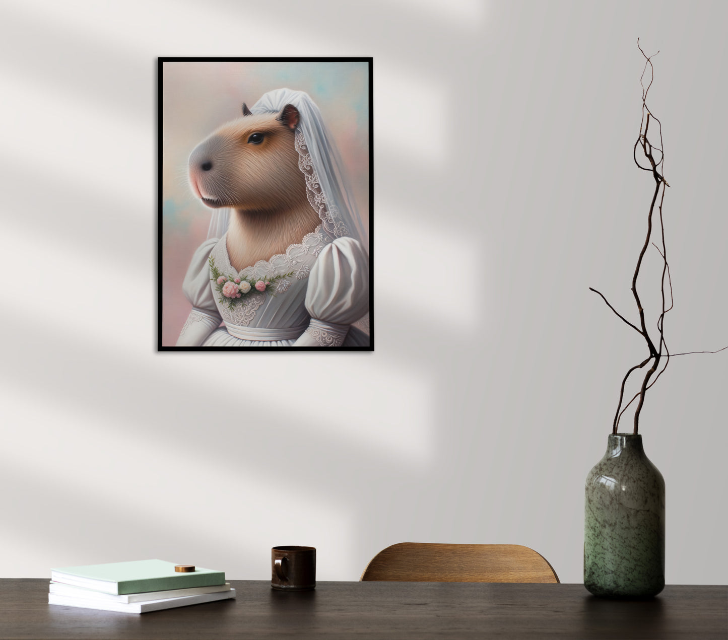 Poster capybara en robe de mariée en cadre noir au-dessus d'une table sombre, vase et branches