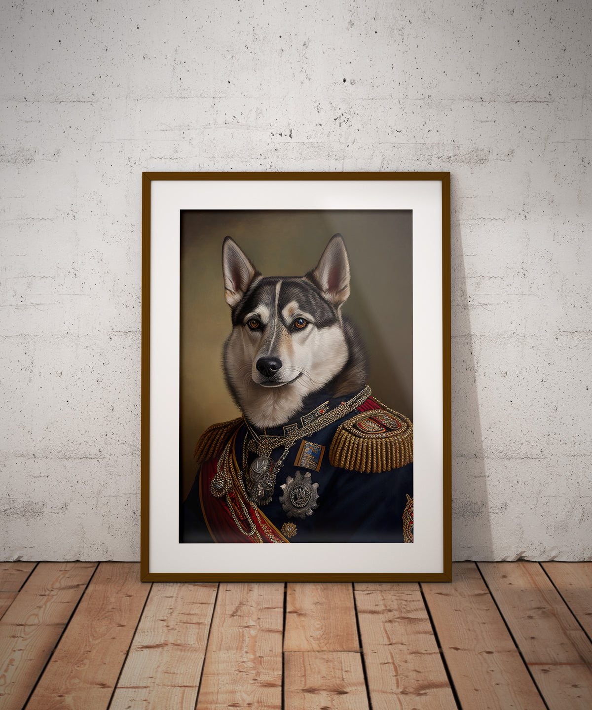 Poster husky officier, cadre bois foncé et passe-partout, posé au sol contre un mur de briques blanches