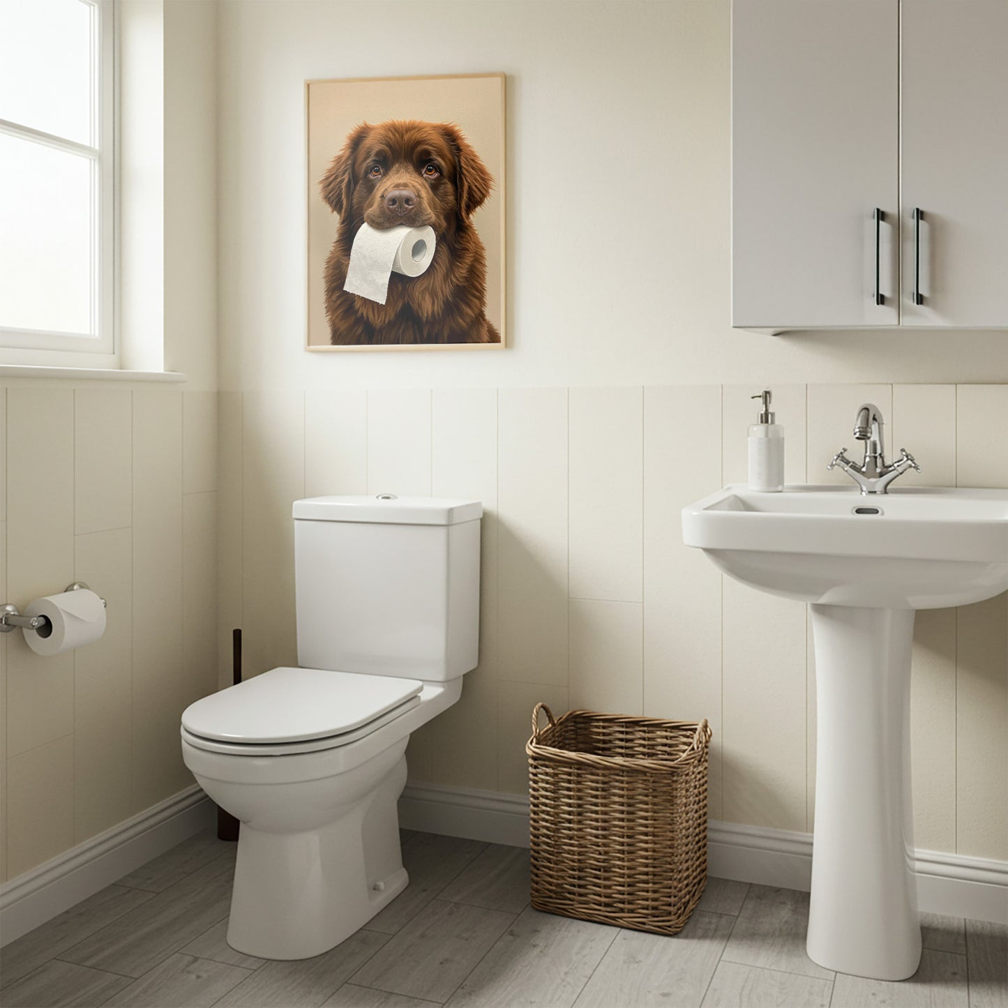 Newfoundland Dog Bathroom Humor Poster – Funny Toilet Paper Wall Art, Dog Lover Gift, Framed Bath Decor, Unique Newfoundland Print