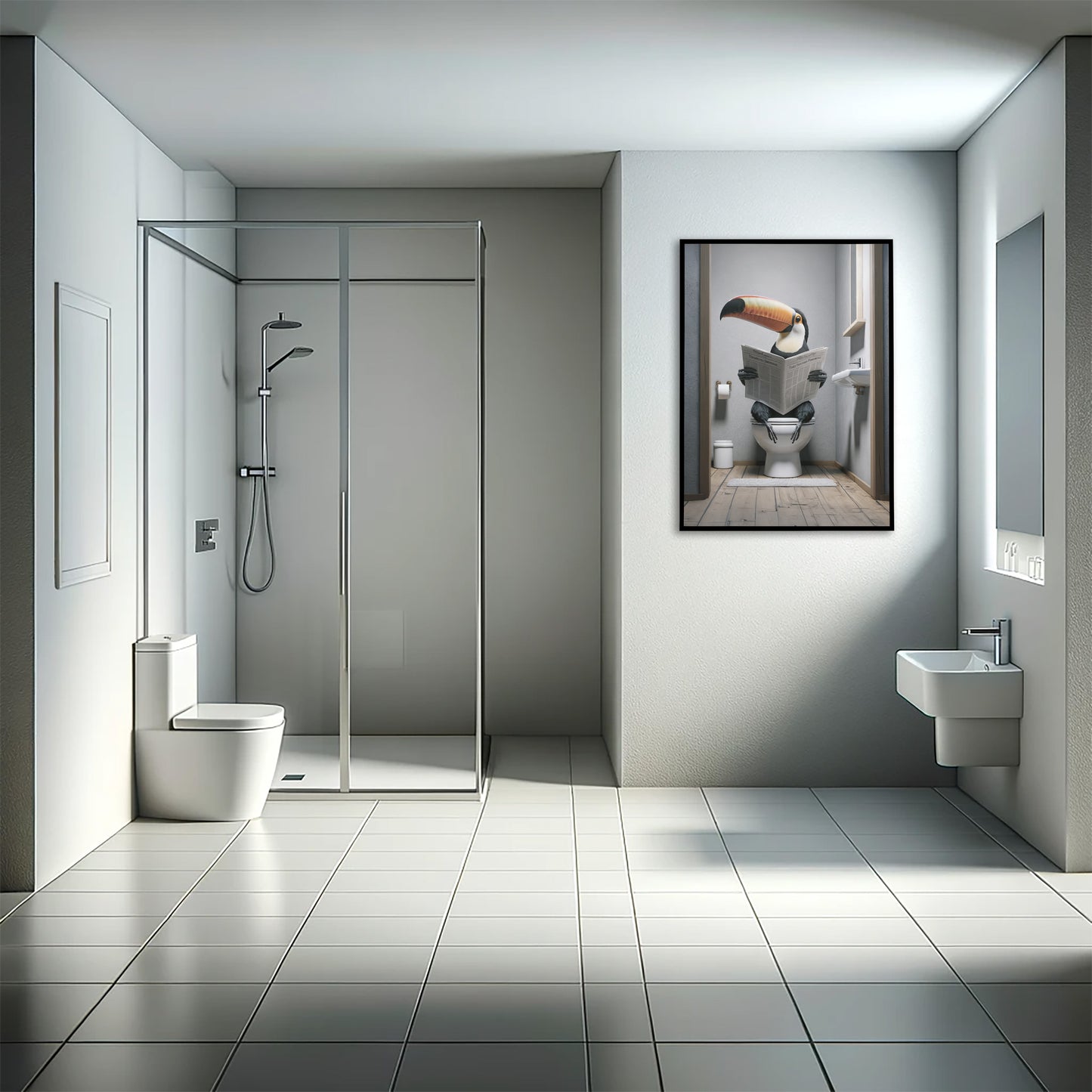 Poster Humour Toucan lisant aux Toilettes - Décoration Salle de Bain Amusante - Idée Cadeau Fun