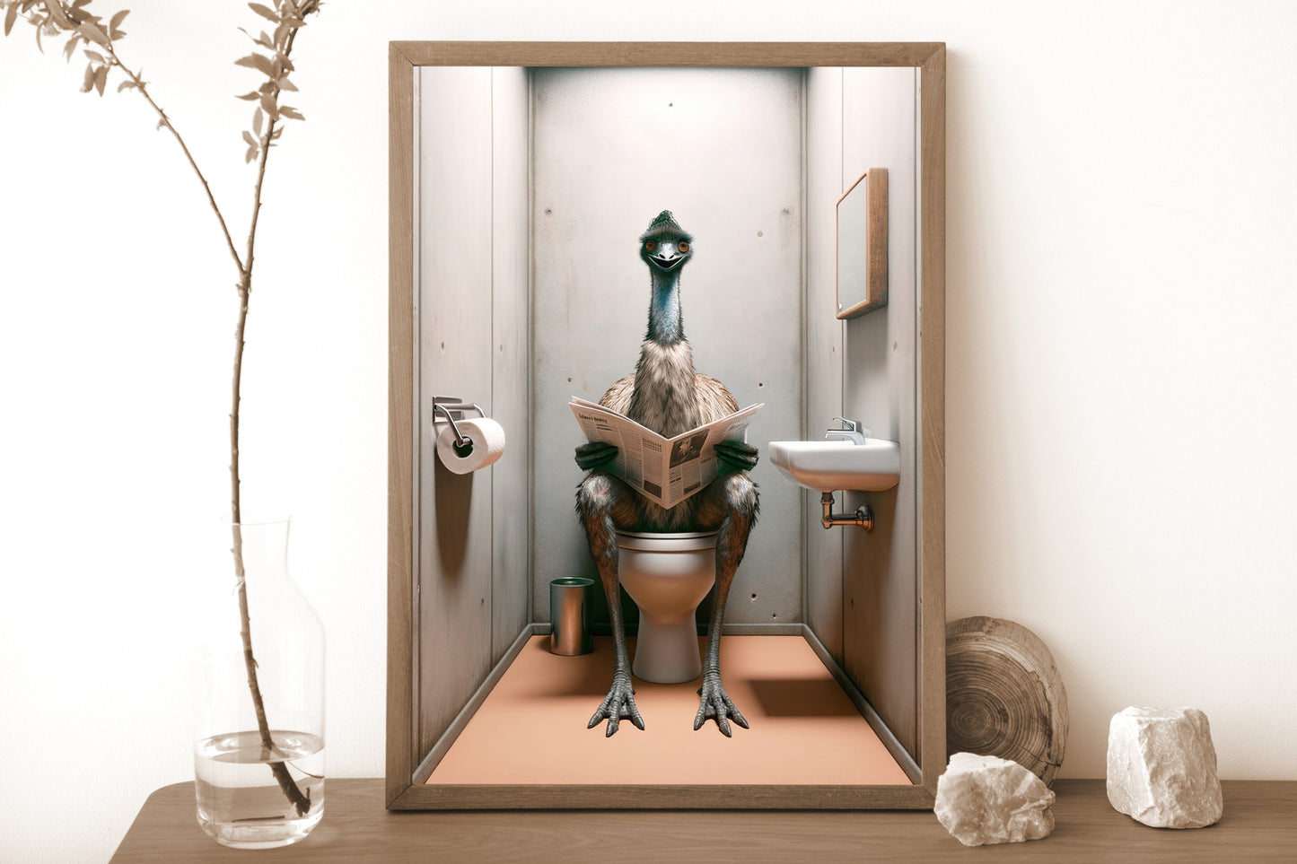 Poster Humour Émeu lisant le journal, Décoration Salle de Bain, Cadeau Amusant, Art Mural Original, Décor WC, Affiche Toilette