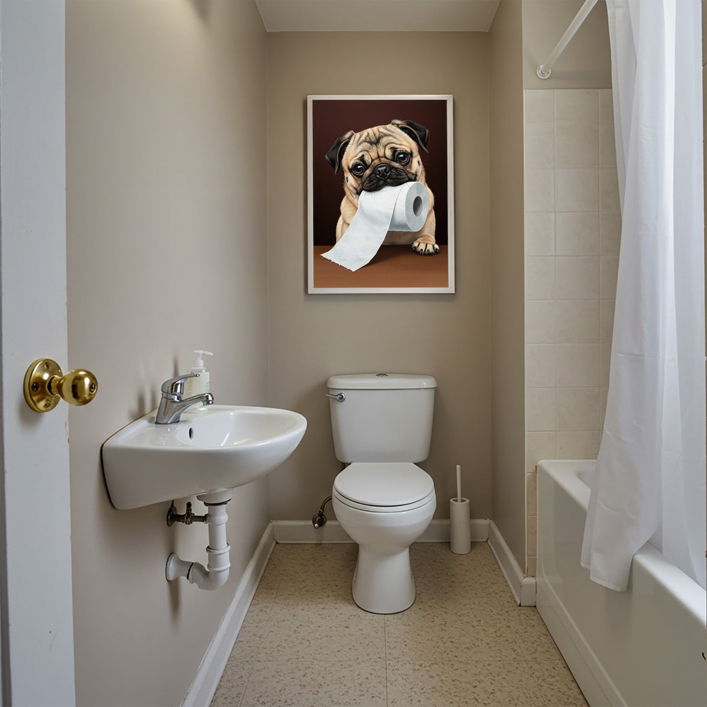 Poster chien carlin drôle pour toilettes – Affiche murale humour WC, déco salle de bains, idée cadeau carlin encadré