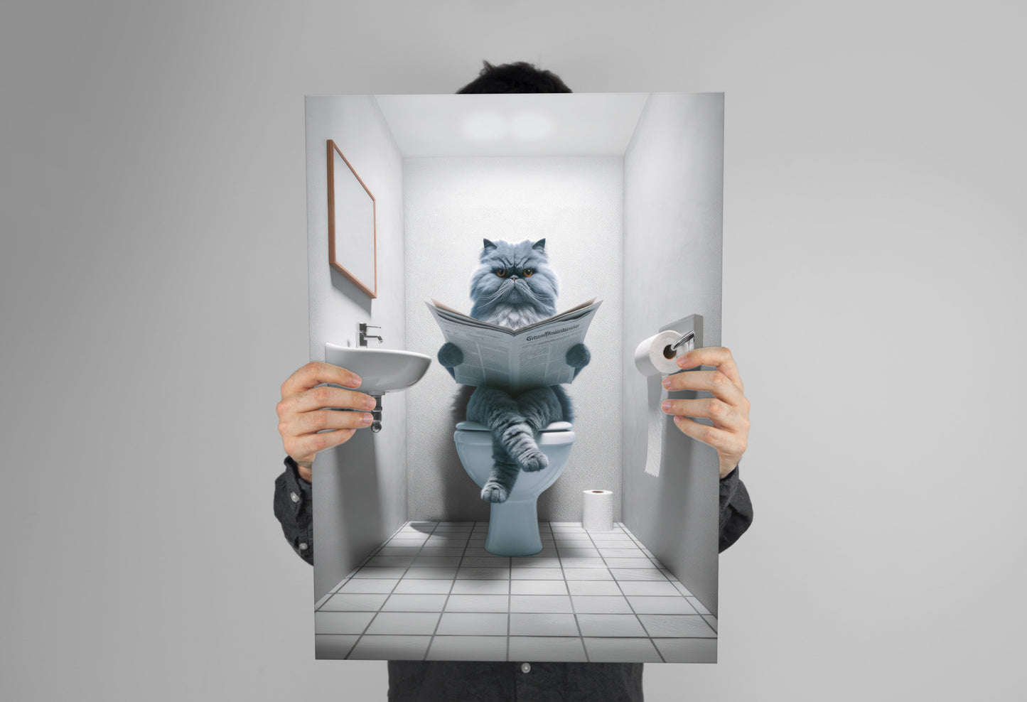 Affiche Murale Chat Persan Bleu Lisant aux Toilettes, Décoration Humour WC & Salle de Bain, Cadeau Original pour Amateurs de Chats